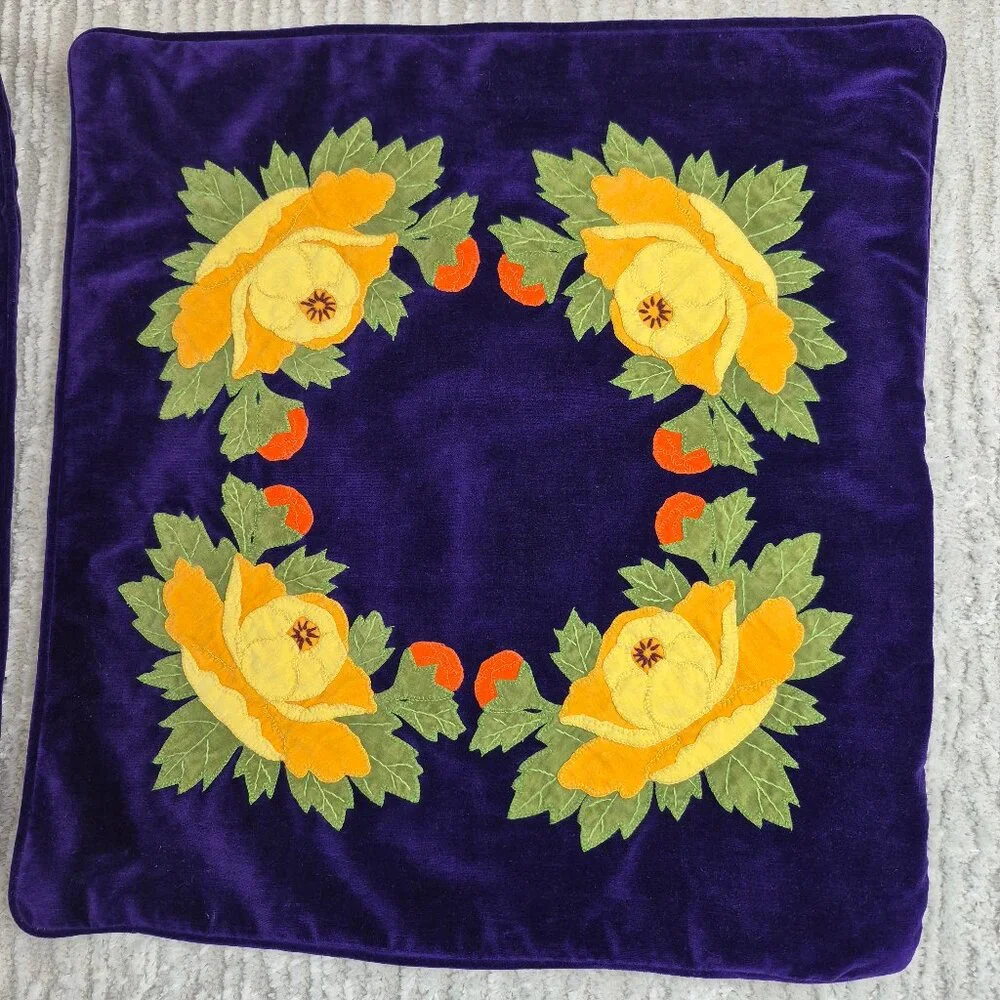 Vintage Applique Embroidered Throw Pillow Covers Deep Purple  Set of 2